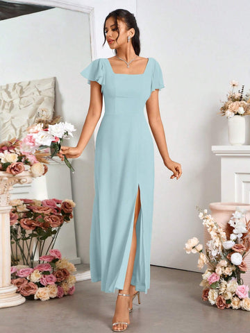 Ladies' Elegant Bridesmaid Dress With Slit, Square Neckline And Back Tie