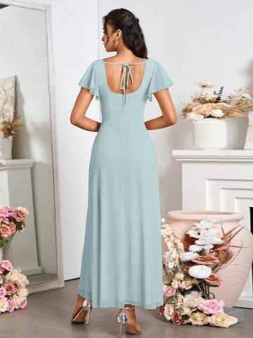 Ladies' Elegant Bridesmaid Dress With Slit, Square Neckline And Back Tie