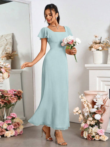 Ladies' Elegant Bridesmaid Dress With Slit, Square Neckline And Back Tie