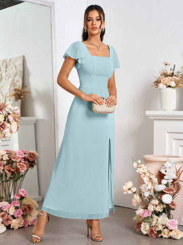 Ladies' Elegant Bridesmaid Dress With Slit, Square Neckline And Back Tie
