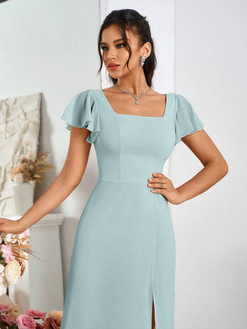 Ladies' Elegant Bridesmaid Dress With Slit, Square Neckline And Back Tie