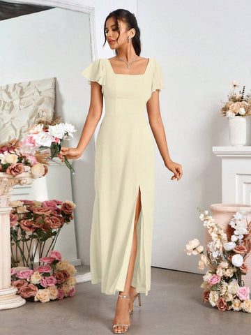 Women's Square Neck Backless Slit Hem Bridesmaid Formal Maxi Dress