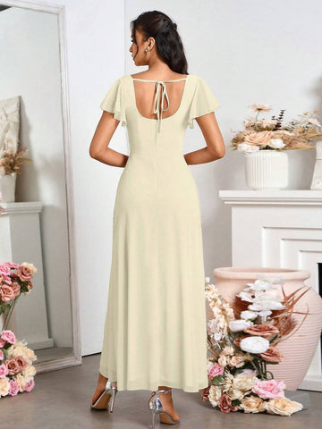 Women's Square Neck Backless Slit Hem Bridesmaid Formal Maxi Dress