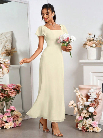 Women's Square Neck Backless Slit Hem Bridesmaid Formal Maxi Dress