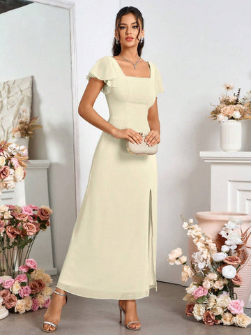 Women's Square Neck Backless Slit Hem Bridesmaid Formal Maxi Dress