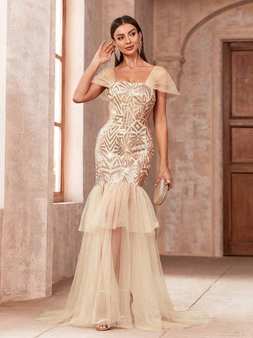 Women's Square Neck Sequined Mesh Mermaid Hem Evening Dress