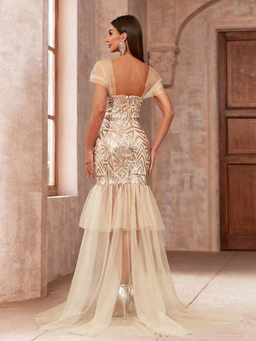 Women's Square Neck Sequined Mesh Mermaid Hem Evening Dress