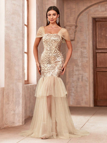 Women's Square Neck Sequined Mesh Mermaid Hem Evening Dress