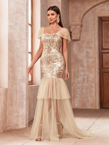 Women's Square Neck Sequined Mesh Mermaid Hem Evening Dress