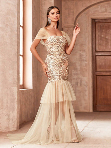 Women's Square Neck Sequined Mesh Mermaid Hem Evening Dress