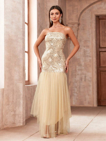 Women's Strapless Mesh Splice Fish Tail Design Fashionable Evening Party Dress