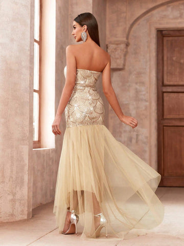 Women's Strapless Mesh Splice Fish Tail Design Fashionable Evening Party Dress