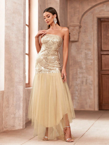 Women's Strapless Mesh Splice Fish Tail Design Fashionable Evening Party Dress