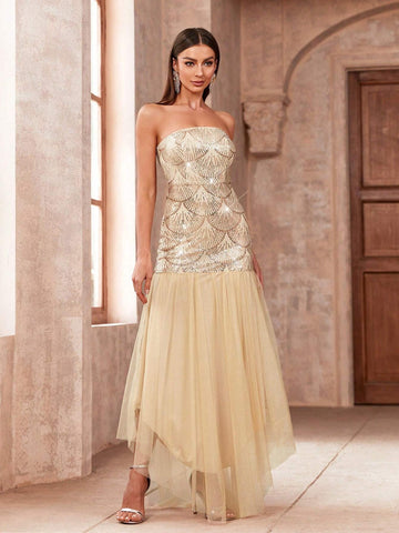 Women's Strapless Mesh Splice Fish Tail Design Fashionable Evening Party Dress