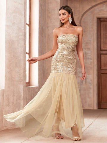Women's Strapless Mesh Splice Fish Tail Design Fashionable Evening Party Dress