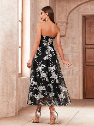 Women's Strapless Printed Fashionable Cocktail Dress