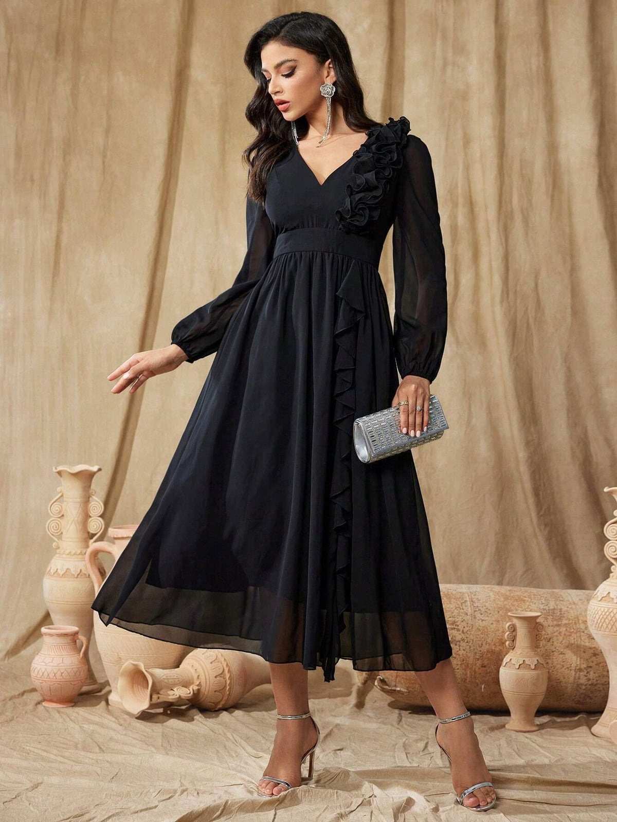 Women''s V-Neck Patchwork Ruffle Trim Mesh Long Sleeve Maxi Formal Gown