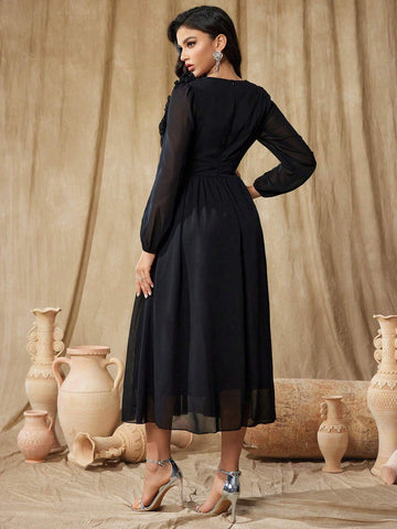 Women''s V-Neck Patchwork Ruffle Trim Mesh Long Sleeve Maxi Formal Gown