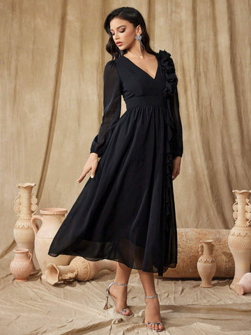 Women''s V-Neck Patchwork Ruffle Trim Mesh Long Sleeve Maxi Formal Gown