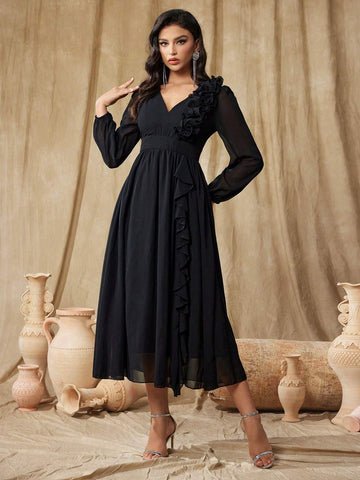 Women''s V-Neck Patchwork Ruffle Trim Mesh Long Sleeve Maxi Formal Gown