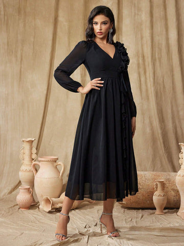 Women''s V-Neck Patchwork Ruffle Trim Mesh Long Sleeve Maxi Formal Gown