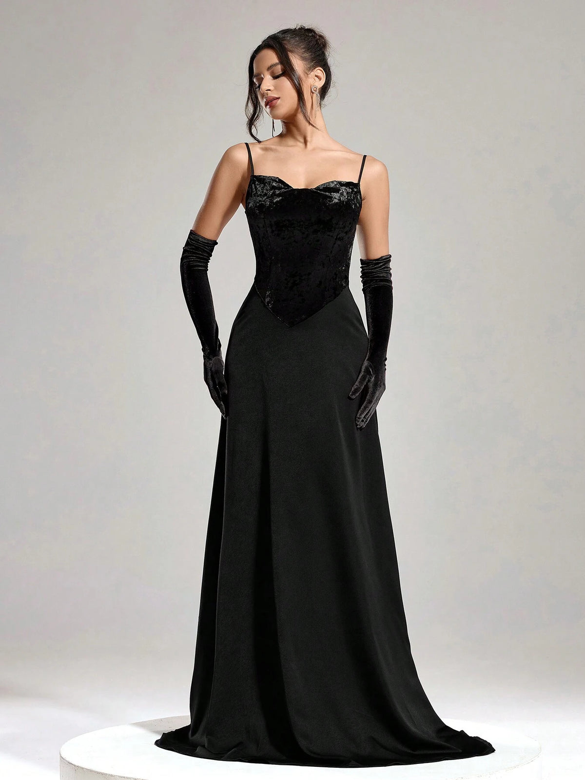 Women's Velvet Patchwork Spaghetti Strap Formal Evening Dress
