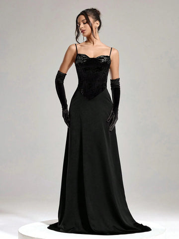 Women's Velvet Patchwork Spaghetti Strap Formal Evening Dress