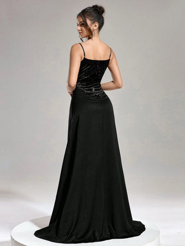 Women's Velvet Patchwork Spaghetti Strap Formal Evening Dress