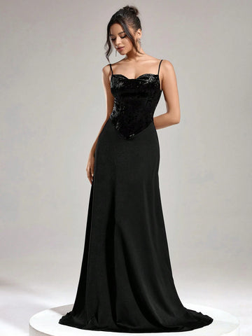Women's Velvet Patchwork Spaghetti Strap Formal Evening Dress
