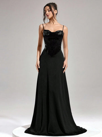 Women's Velvet Patchwork Spaghetti Strap Formal Evening Dress