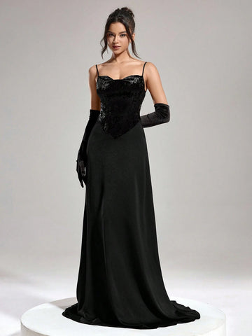 Women's Velvet Patchwork Spaghetti Strap Formal Evening Dress