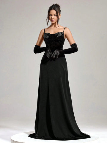 Women's Velvet Patchwork Spaghetti Strap Formal Evening Dress