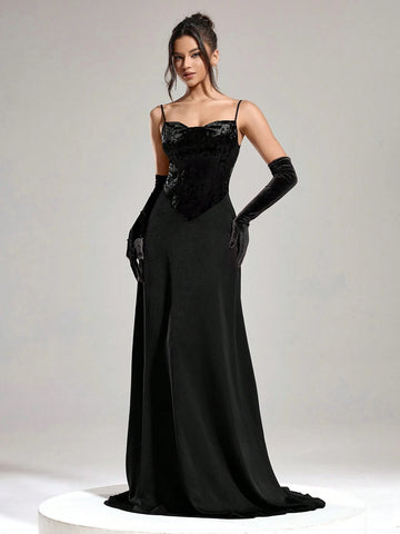 Women's Velvet Patchwork Spaghetti Strap Formal Evening Dress