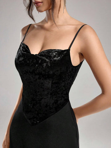 Women's Velvet Patchwork Spaghetti Strap Formal Evening Dress