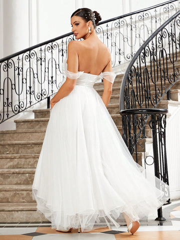 Women's White Off Shoulder Slit Romantic Elegant Wedding Dress With A-Line Skirt