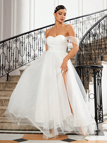 Women's White Off Shoulder Slit Romantic Elegant Wedding Dress With A-Line Skirt