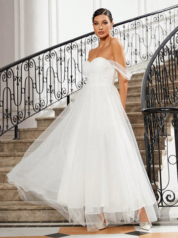 Women's White Off Shoulder Slit Romantic Elegant Wedding Dress With A-Line Skirt