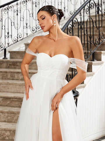 Women's White Off Shoulder Slit Romantic Elegant Wedding Dress With A-Line Skirt