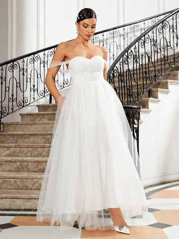Women's White Off Shoulder Slit Romantic Elegant Wedding Dress With A-Line Skirt