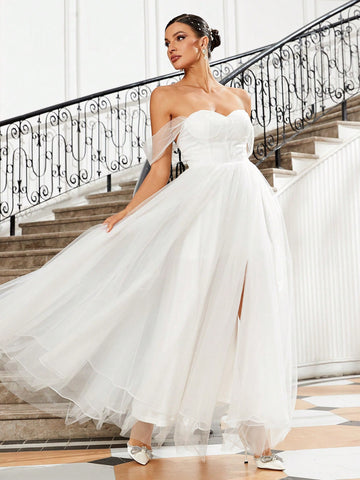 Women's White Off Shoulder Slit Romantic Elegant Wedding Dress With A-Line Skirt