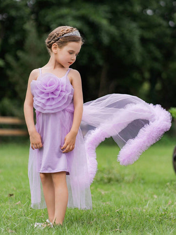Blossomsprite Kids Cute Light Purple Spaghetti Strap Dress For Little Girls Outdoor Activities, Family Gatherings, Suitable For Spring And Summer.