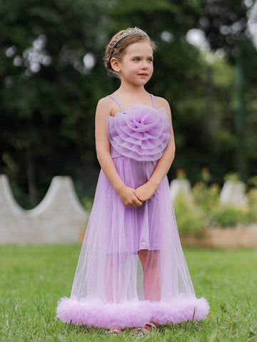 Blossomsprite Kids Cute Light Purple Spaghetti Strap Dress For Little Girls Outdoor Activities, Family Gatherings, Suitable For Spring And Summer.