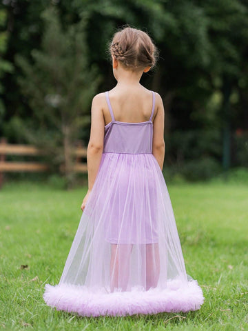 Blossomsprite Kids Cute Light Purple Spaghetti Strap Dress For Little Girls Outdoor Activities, Family Gatherings, Suitable For Spring And Summer.