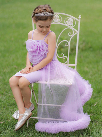 Blossomsprite Kids Cute Light Purple Spaghetti Strap Dress For Little Girls Outdoor Activities, Family Gatherings, Suitable For Spring And Summer.