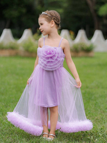 Blossomsprite Kids Cute Light Purple Spaghetti Strap Dress For Little Girls Outdoor Activities, Family Gatherings, Suitable For Spring And Summer.