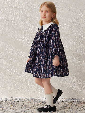 Blossori Girls Elegant French Style Navy Ditsy Floral Contrast Collar Loose Woven Dress, Spring/Summer