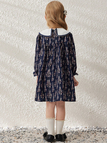 Blossori Girls Elegant French Style Navy Ditsy Floral Contrast Collar Loose Woven Dress, Spring/Summer