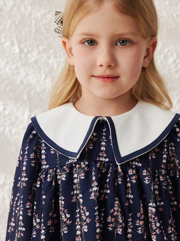 Blossori Girls Elegant French Style Navy Ditsy Floral Contrast Collar Loose Woven Dress, Spring/Summer