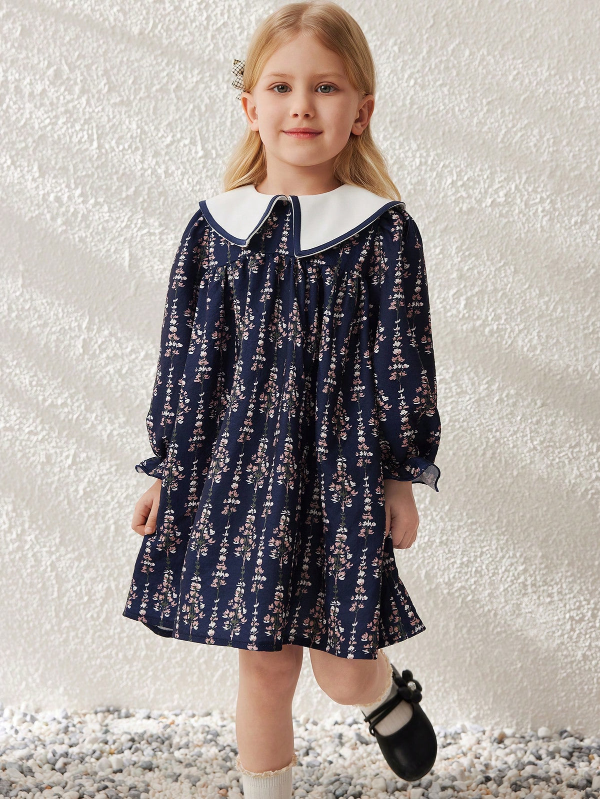 Blossori Girls Elegant French Style Navy Ditsy Floral Contrast Collar Loose Woven Dress, Spring/Summer