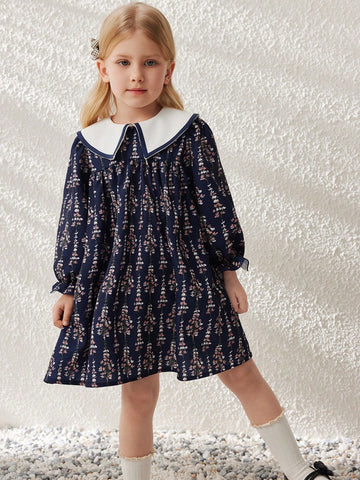 Blossori Girls Elegant French Style Navy Ditsy Floral Contrast Collar Loose Woven Dress, Spring/Summer